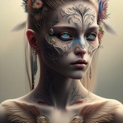 perfect woman portrait , perfect eyes, feathers, face tattoo, ominous, nature, plants, wildflower, facepaint, intricate, oil on canvas, masterpiece, expert, insanely detailed, cinematic smooth, intricate detail, soft smooth lighting, painted Renaissance style