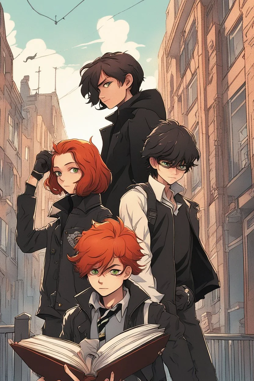 two boys with ginger hair plus a teenage punk girl with dark hair are standing in characteristic book cover-style poses. The black cat is with them. They are young amateur detectives. The town street in the background, a mysterious atmosphere