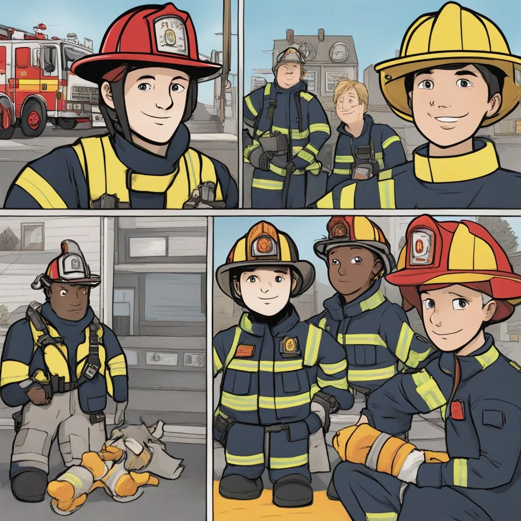 **Content Visual Art:** A graphic novel series featuring a diverse team of firefighters and safety experts, each specializing in different types of fires and safety equipment. The stories educate readers on fire prevention, emergency response, and the importance of inclusive safety measures. The series includes a companion audio description track and simplified visual versions for readers with different needs. **Appearance:** Content art ideas combine fire safety training, types of fires, equipm