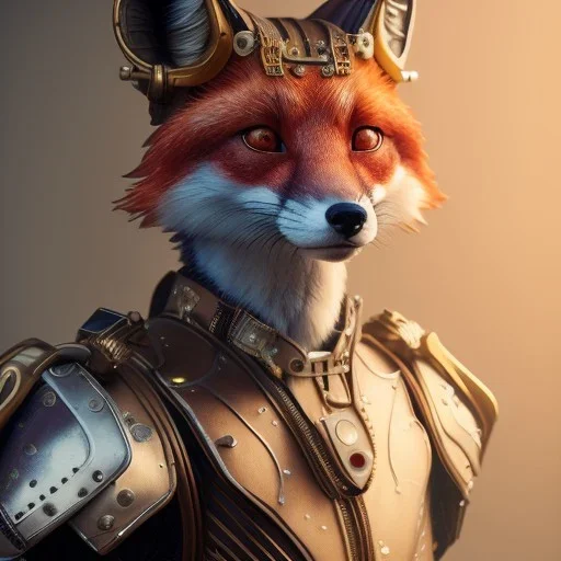 A steampunk Armor wearing Fox,cyberpunk, character design,ultra realistic,shiny, smooth, studio quality, octane render, Surrealism, Triadic colour scheme,ambient lighting polaroid, 100mm