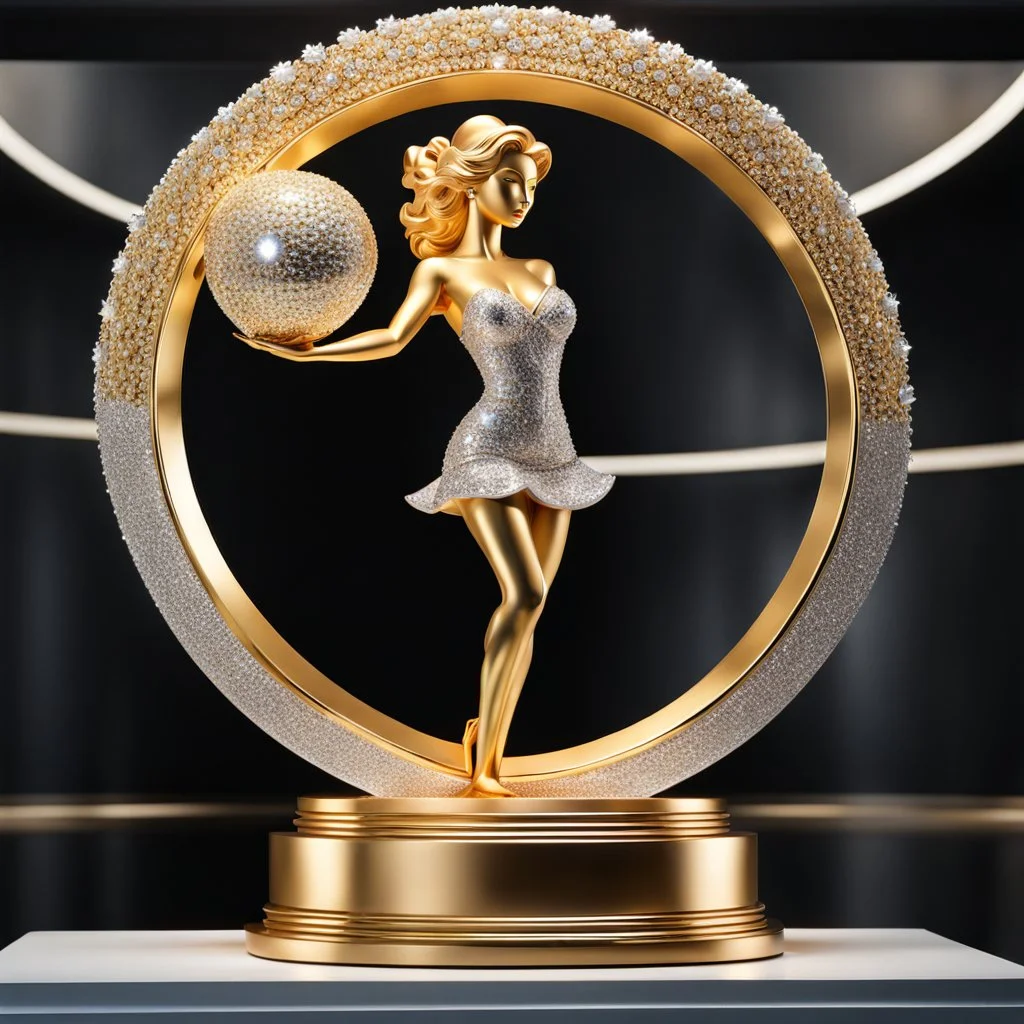 A magnificent golden and silver heart-shaped sign adorned with a stunning golden sphere encrusted with sparkling diamond clusters at its center, elegantly spinning in position,a girl statue standing pose