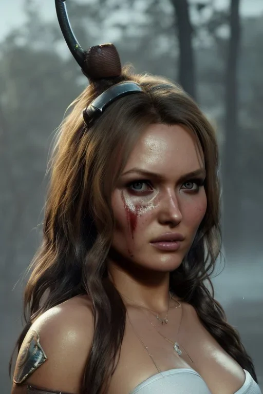 Camilla luddington face, big busty hitomi tanaka, texture skin,Crystal yellow eyes, long white hair, wearing The Lara Croft, realistic, 4k, intricate, best quality, fog particles, fire particles, octane render, vray, sword fire, rain