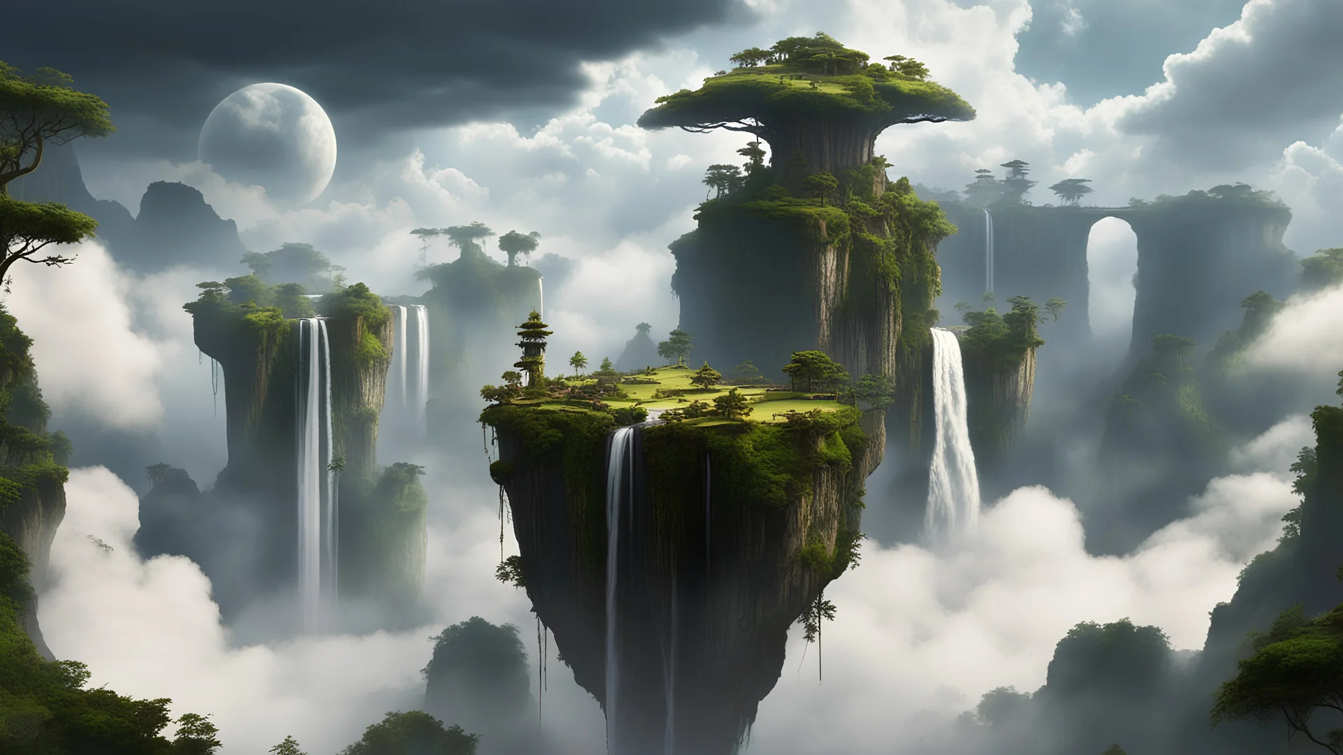 sky, void, floating islands surrounded by clouds, liana, waterfalls, one Temple, natural bridges, vegetation, 4k