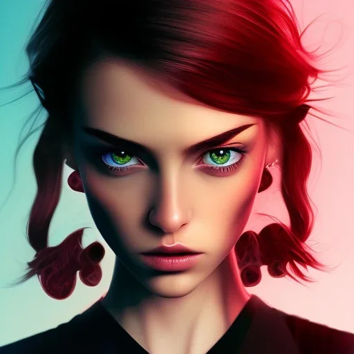 crystal clear blue eyes, and dark pink hair, dot eyebrows, woman, angry expression, pointy ears, long hair, sexy, young, beautiful