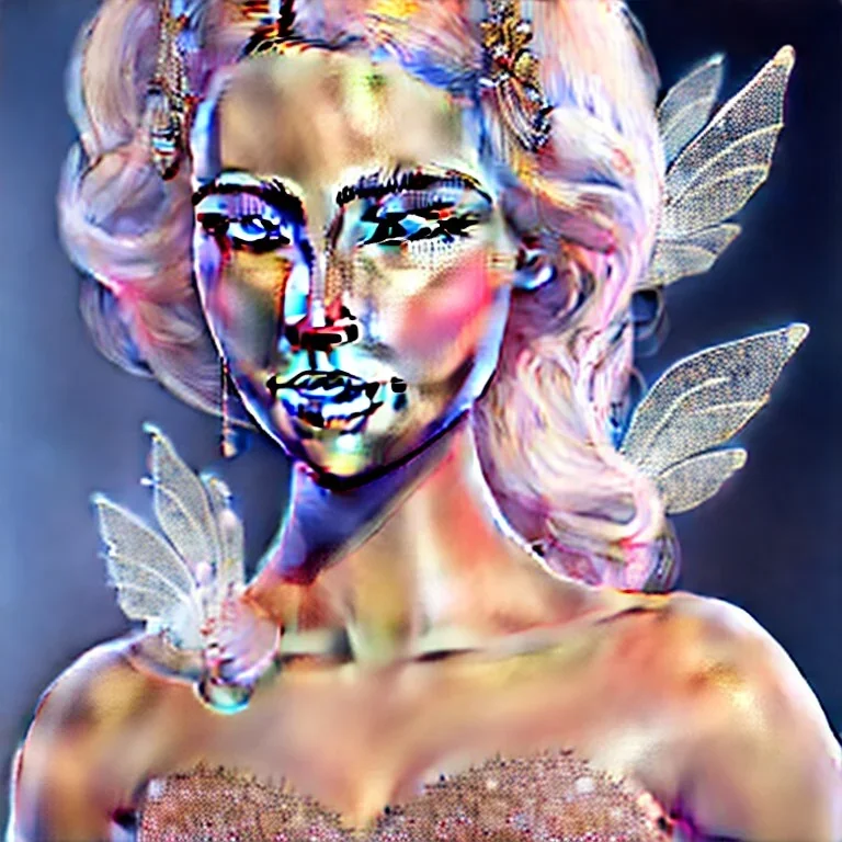 fantasy fairy with transparent wings, smiling, make up, tatoo, elven crown, long platinum blond hair, pink dress, octane render