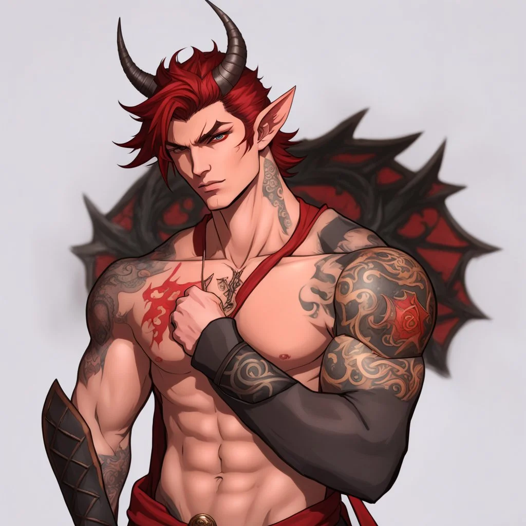 A Young Adult Male. A unique blend of Wood Elf and Red Tiefling features. His handsome face contrasts with the Yakuza dragon tattoos that completly cover his back, arms, and legs. He is wearing a torn coat. A physique that is strong and well-built, resembling a Fighter.