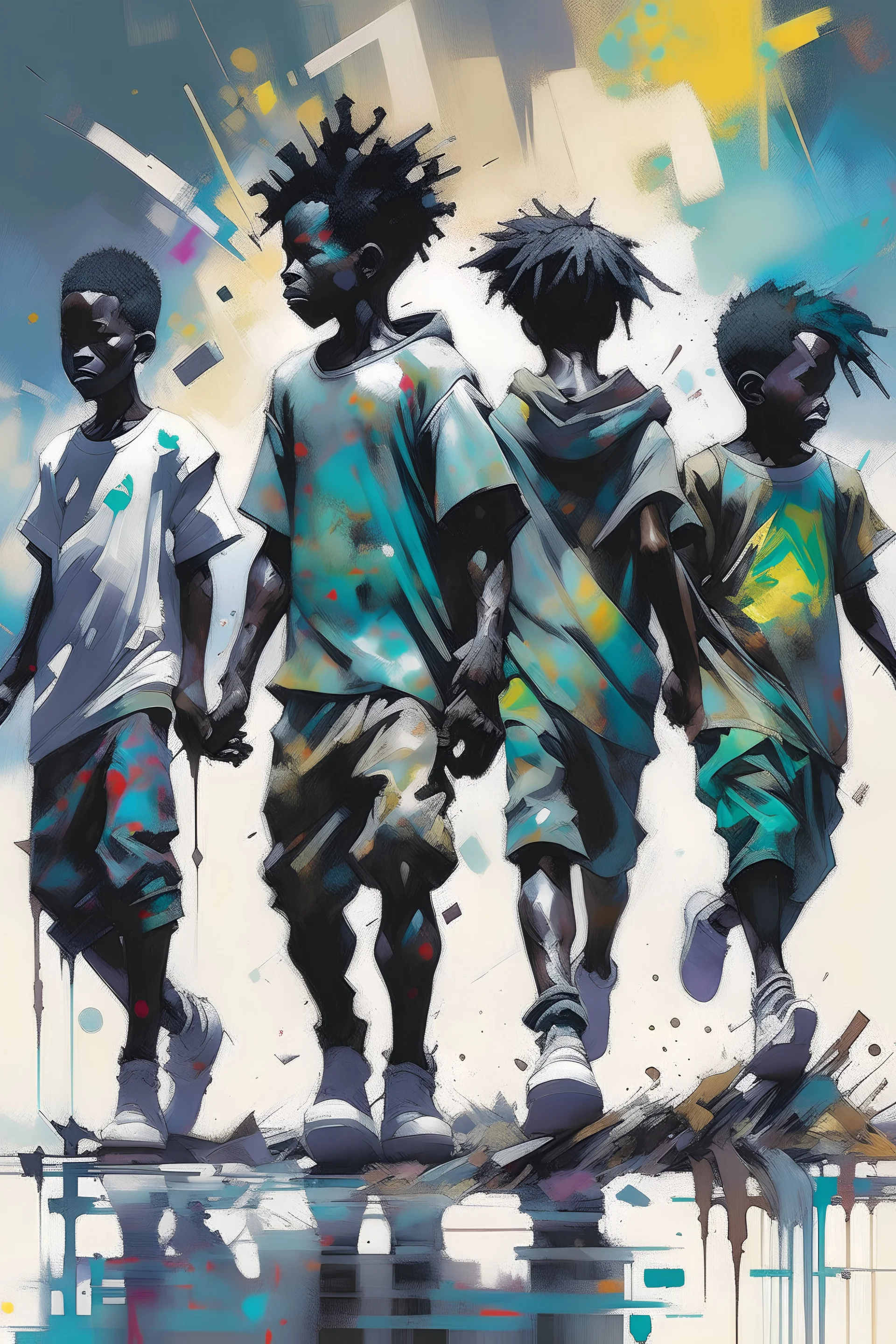 4 African boys walking togetherSpeedpaint_with_large_brush_strokes_and paint splatter by Jeremy Mann, Jeremy Mann, Pino Daeni, Alphonse Mucha, Alex Maleev and Liz Gael, oil splash, Paint Strokes, Ink Drip, paint splatter, a masterpiece, 8k resolution, trending on artstation, highly detailed intricate, black_lineart, sharp focus"