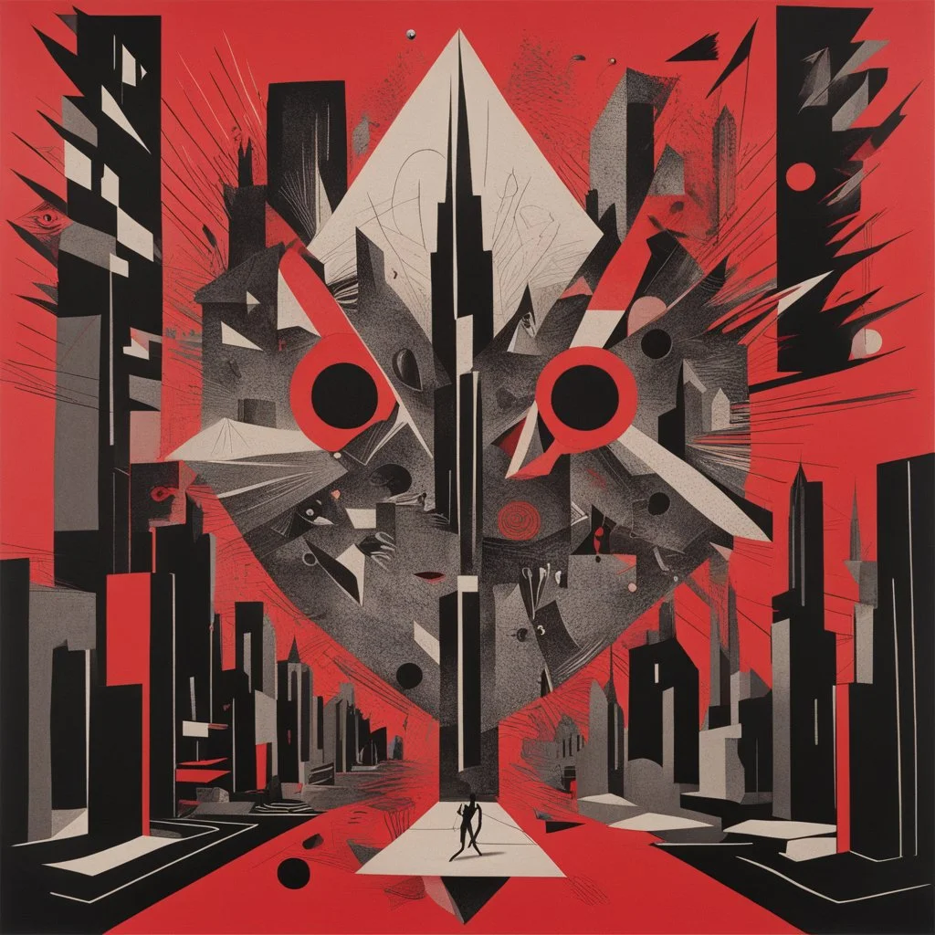 An abstract art masterpiece by Ray Johnson, depicting the concept of nyctophobia (fear of the dark). The illustration is a mind-bending, composition in warm colors, with crimson and dark shades dominating the piece. The 2D artwork showcases a unique blend of sharp geometric shapes and precise lines and dashes, creating an otherworldly futuristic atmosphere.