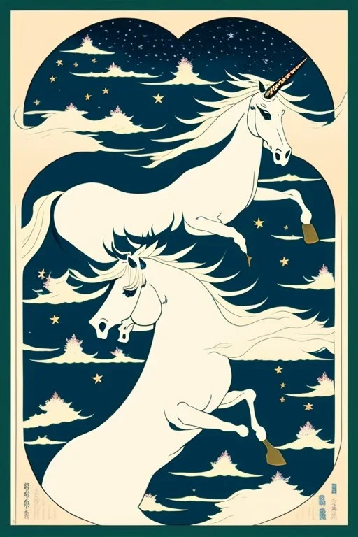  a group of unicorns that are on top of each other, a poster by Nōami, ukiyo-e, anime aesthetic, minimalist.