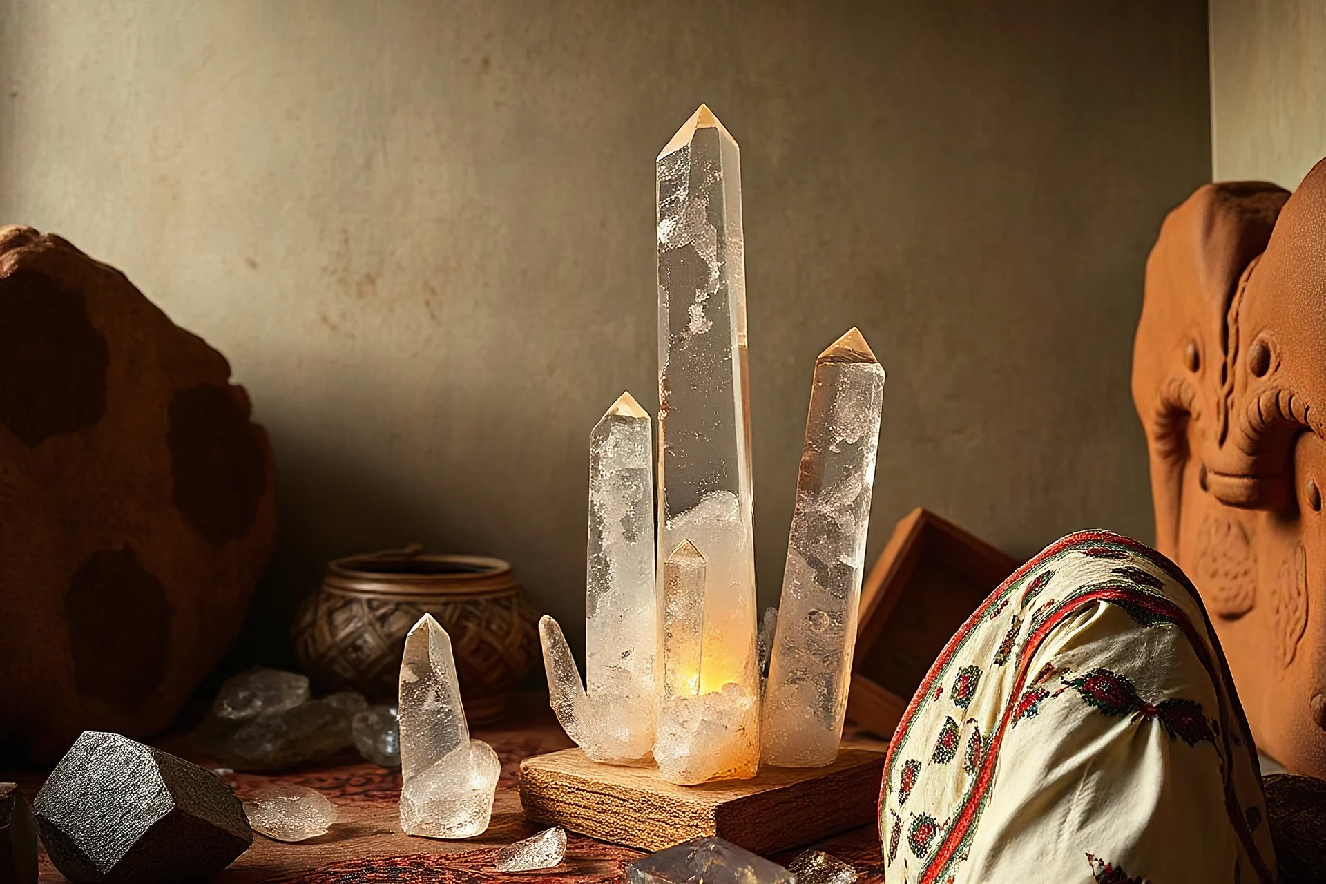 Tall crystals in room surrounding african woman