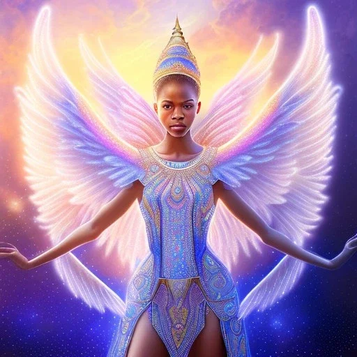 African crystal angel palace ! soft background | god rays | intricate | elegant | blue and pink galactic landscape | highly detailed | illustration | depth of field, luminosity, ultra sharp focus, ultra high definition