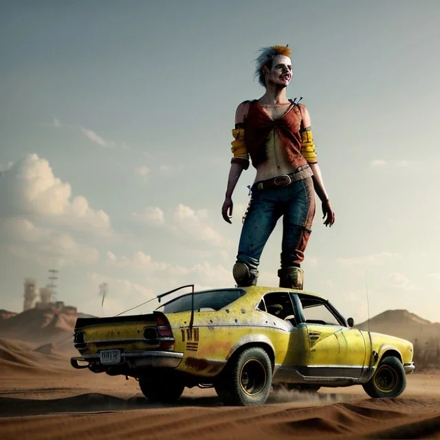 Ultra realistic mad max scene. clown sweet woman, waist up view, Wes Anderson style, epic, yellow smoke fog, hottest, highly detailed, concept art, unreal engine 5, god rays, ray tracing, RTX, lumen lighting, ultra detail, volumetric lighting, 3d, finely drawn, high definition, high resolution.