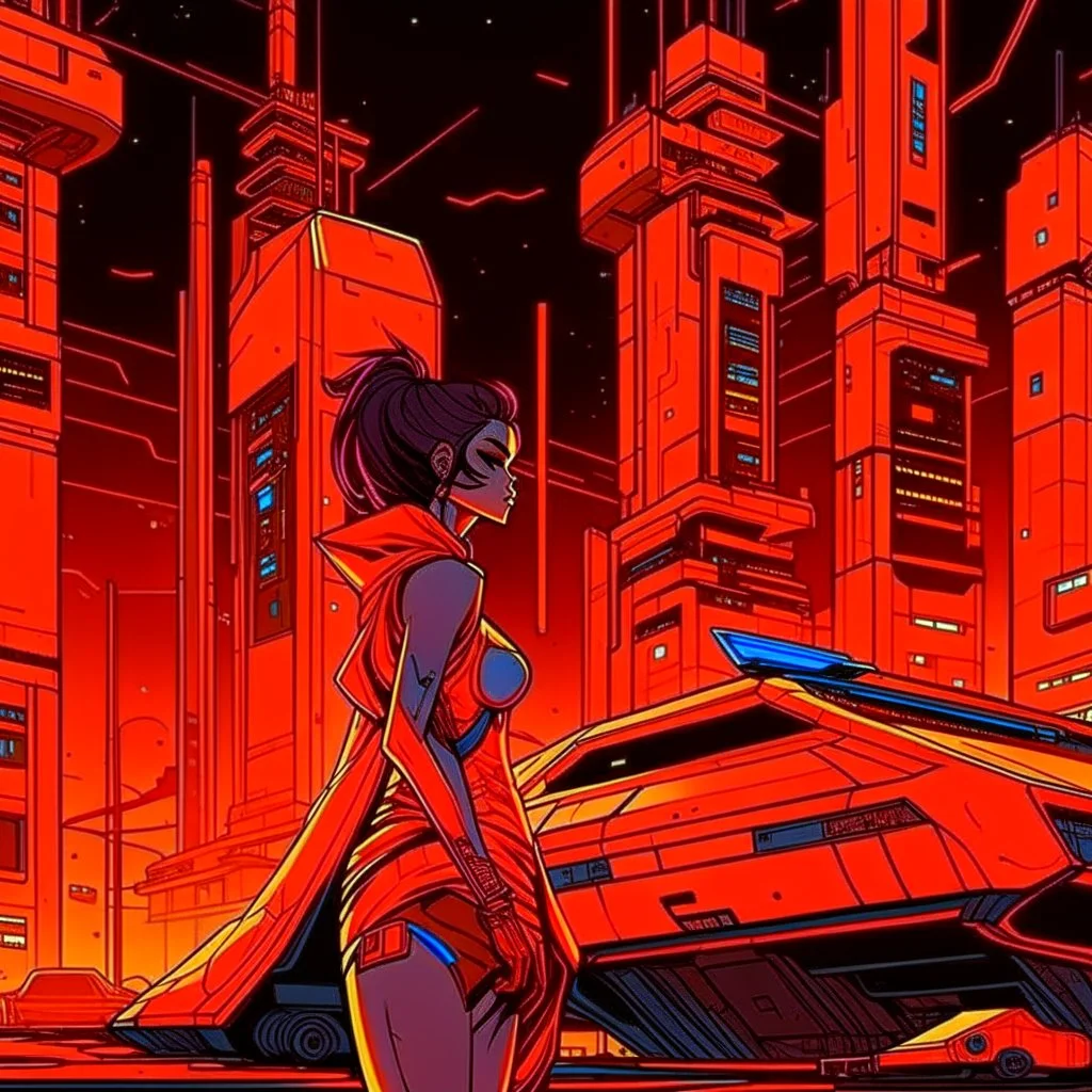cyberpunk retro futuristic for comics from far away in orange