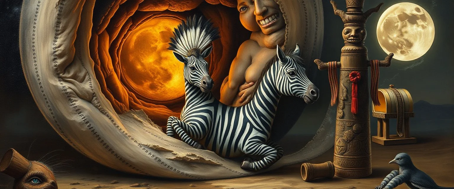 master oil painting by Rembrandt, clay moon chill hyper bigger than life close up on a zebra dream trickster golem peeking out of a sand twister whirlwind cocoon, all inside a bottle, and a big indian with mohawk and a totem
