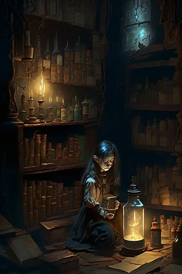 A dark dungeon, with a shelf with vintage bottles, and a young girl sitting on the floor, next to a lantern, studying old books