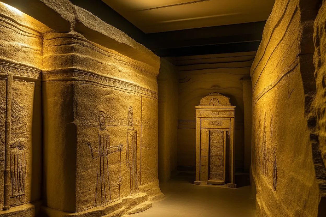 A beige underground mine with a temple designed in ancient Egyptian architectures and sculptures painted by Vincent van Gogh