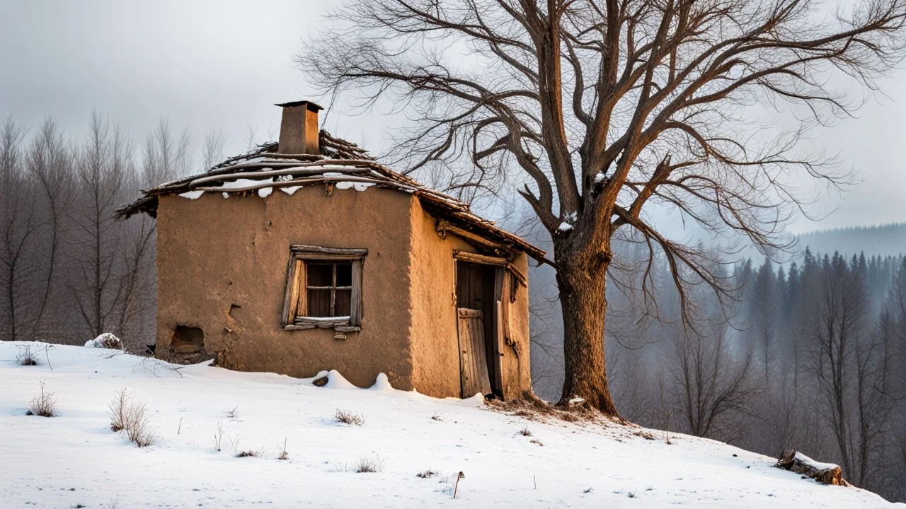 a lonely old adobe hut with worn adobe brown-gray wall and a small window, a crumbling roof, an old chimney stands on a hill, next to it is a small woodshed by the wall, and an old withered tree leans over the hut on thr old tree sitting a black crow, the hut stands on the edge of a European forest, winter, snowy landscape, low light, dawn, snow, high detailed, sharp focus, high realistic, perfect photo