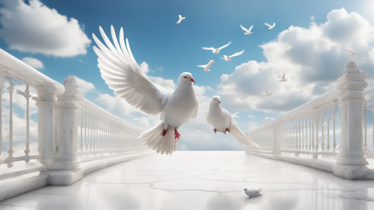 Hyper Realistic white pigeons flying on white marble floor & white-marble-fence with beautiful day time blue-sky & some-clouds with dramatic & cinematic ambiance.