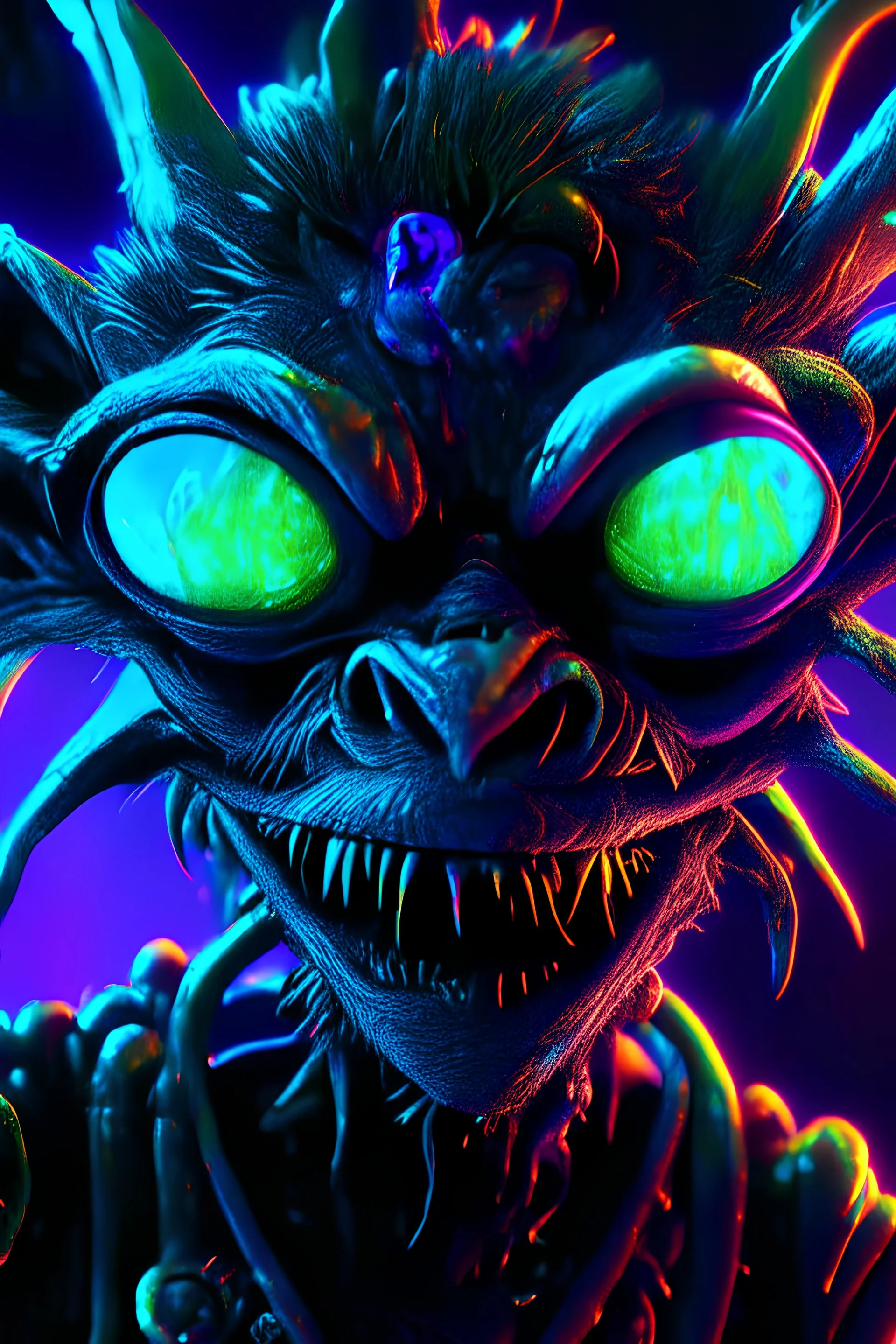 blacklight reactive 3d 8k hd ::gremlin :: by stephen king, crazy, dark fantasy, intricate detailed masterpiece, ray tracing:: cinematic 4D::