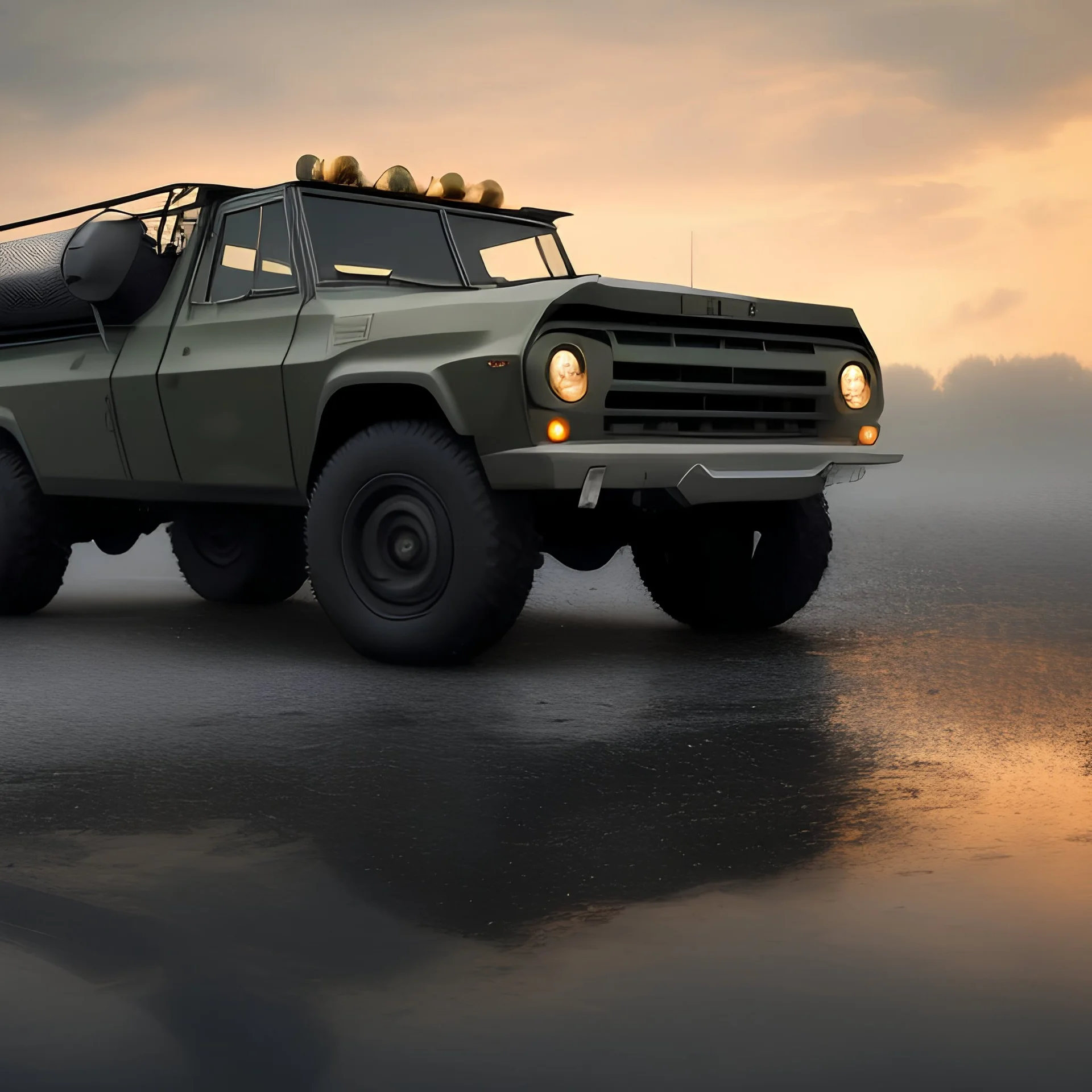 hyperrealistic cinematic shot, military truck, battle damage, extreme closeup shot, monotone color palette, sharp focus, puddle reflection, tire water splash, refraction, mist on the horizon, shadowcast, detailed and intricate, cinematic composition, micro, tilt shift photography