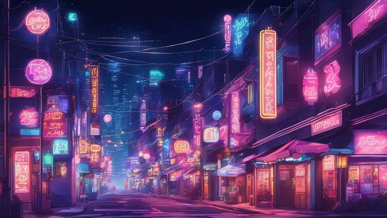 Cute and aesthetic anime town at night with neon signs and sparkles, cartoon, lofi, 90s