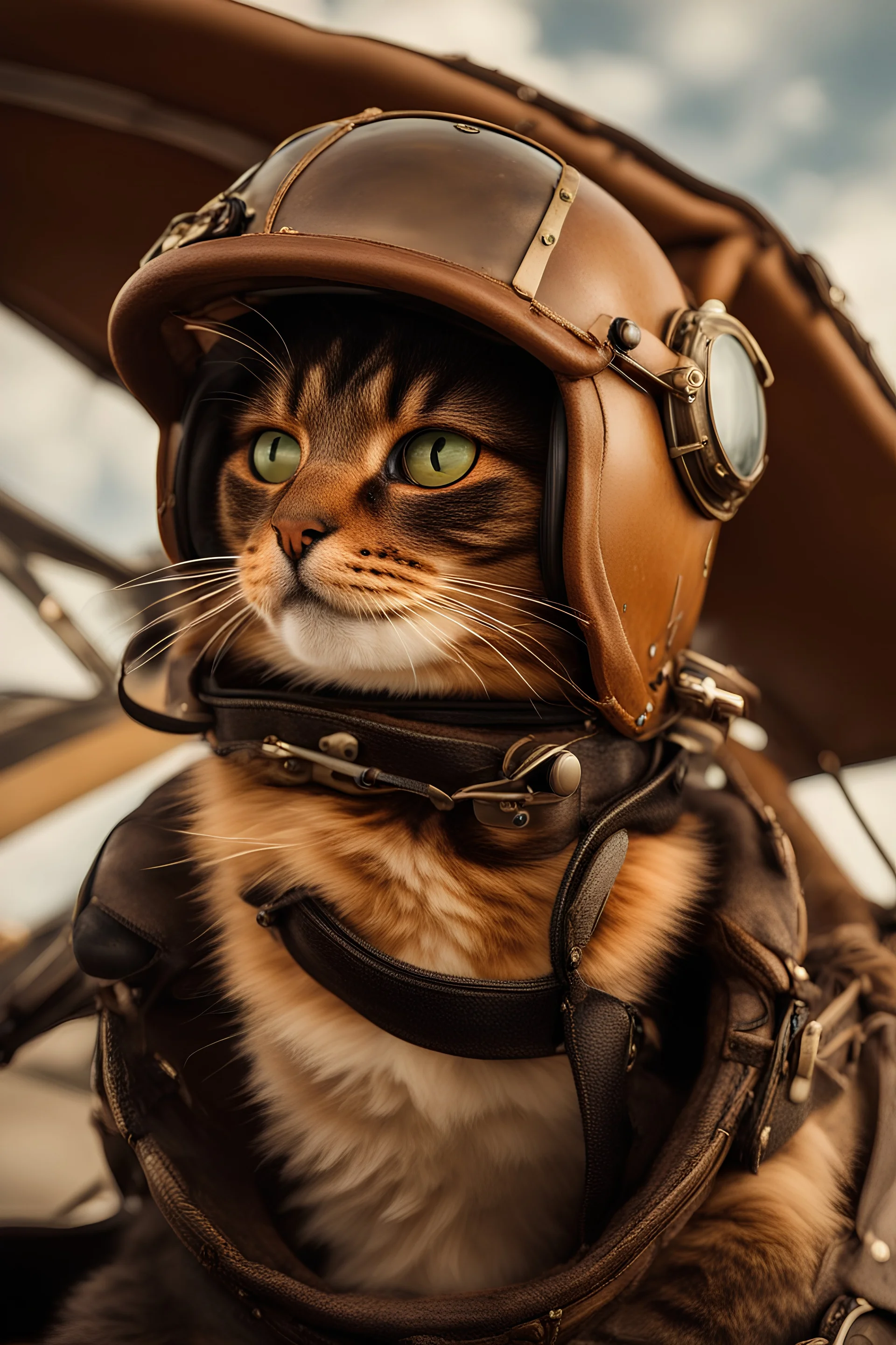 a portrait of a tortoiseshell cat with aviator's leather helmet and goggles siting in a biplane