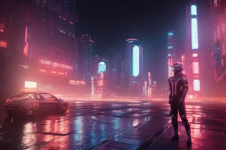 3D, beautiful, light reflecting, empty future city at night, rainy night, neon, cyberpunk, tron, person with helmet walking, 8k, finely detailed, photo realistic