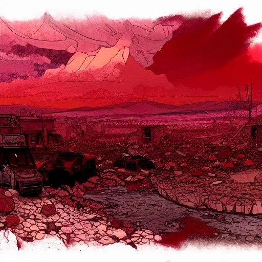  line Art coloured, destroyed, post apocalyptic, darkred tones,