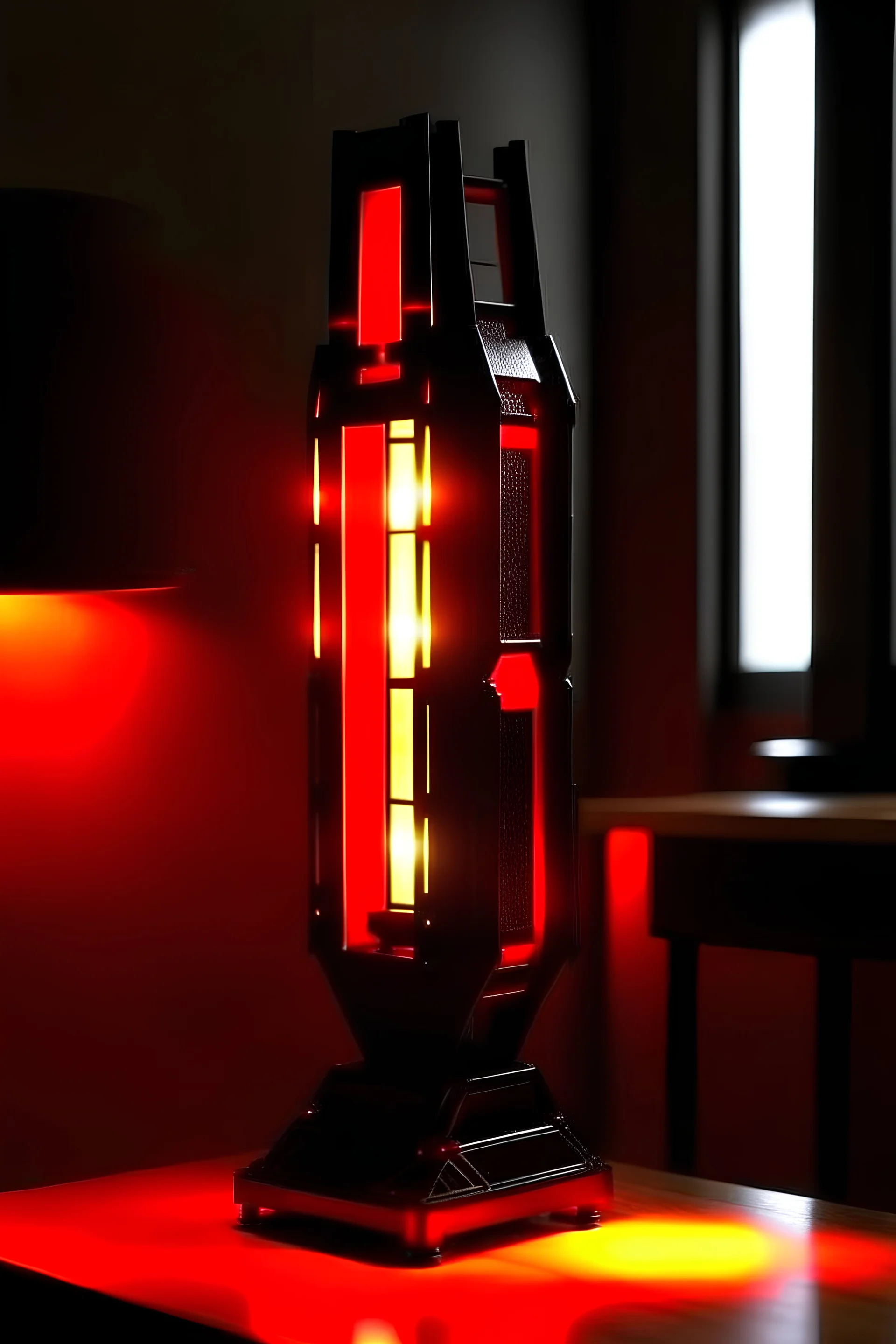 gaming lamp, form inspired by avengers tower, architecture form, modern design style and black and red color