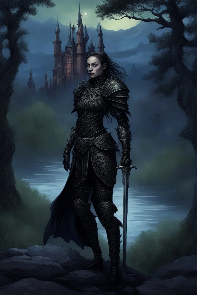 A formidable warrior girl in black armor, against the background of an amazing gloomy landscape, flooded with the light of two moons - blue and green, mountains, trees, a fabulous scary landscape, juicy emotions, painting, dark fantasy, gloomy day, dark world, portrait, Gothic Town At Night, Fantasy, Intricate Details, Castle Courtyard Gardens, Hyper Detailed, Jean Baptiste Monge, Carne Griffiths, Michael Garmash, Seb Mckinnon, Masterpiece