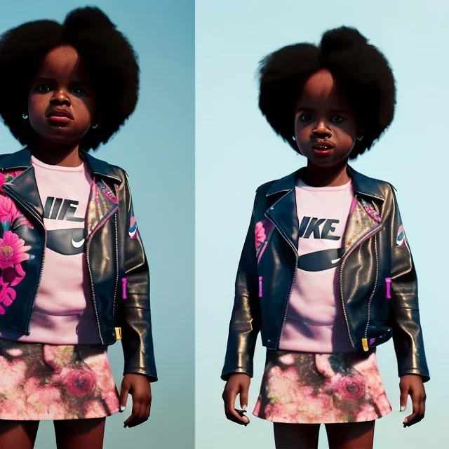 Zaire beetz toddler, full body, leather jacket, floral shirt, floral skirt, Nike sneaker, soft skin, city background, dramatic lighting, hyper realistic