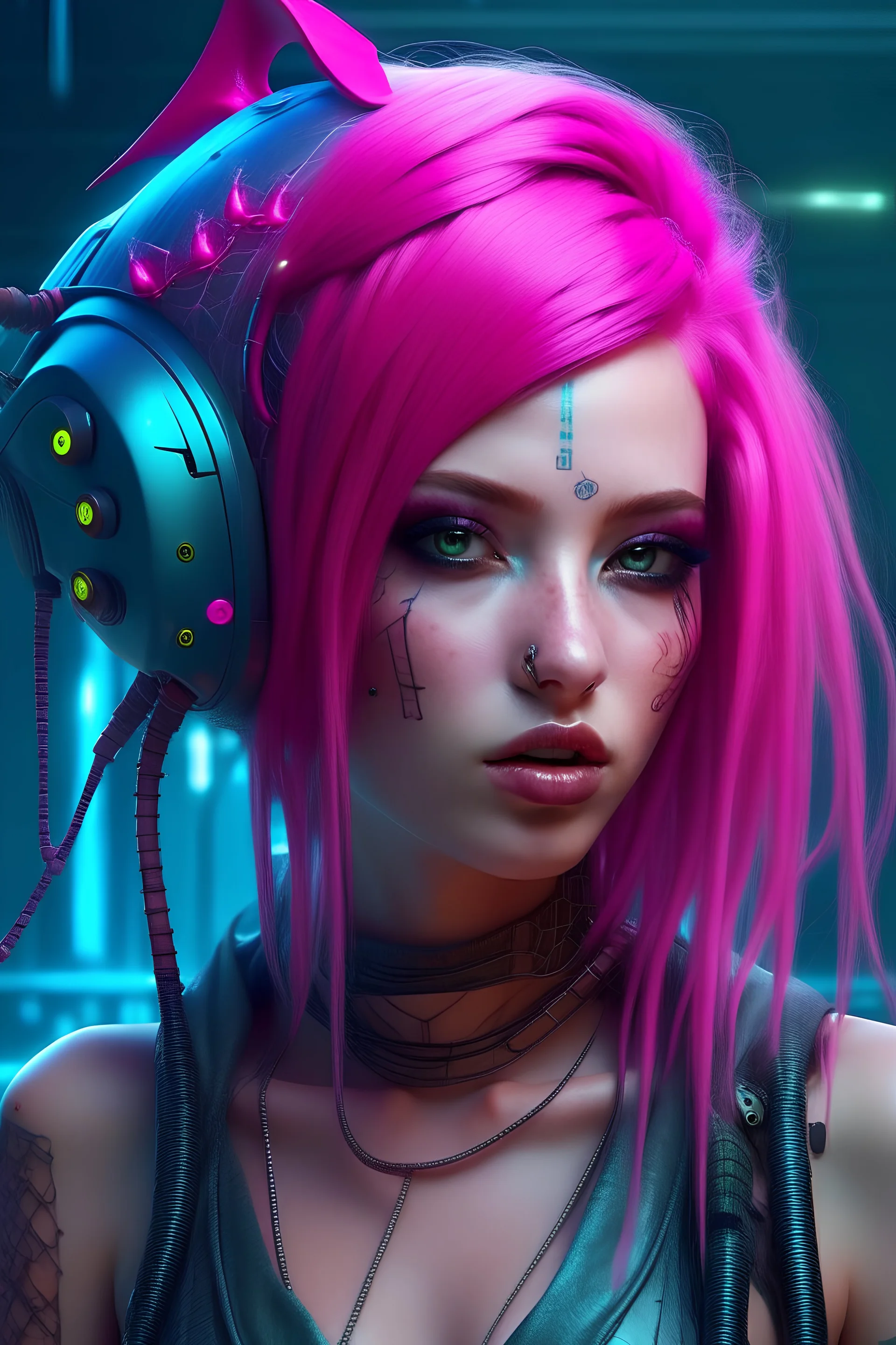 mermaid Cyberpunk some scales on face pink hair