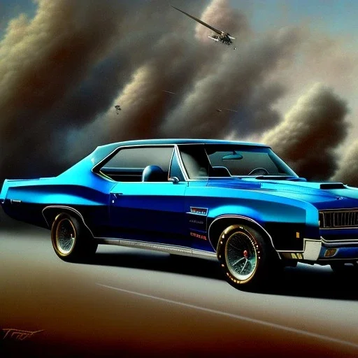 hyperrealism Drawing of 'Dark Blue 1967 Pontiac GTO' three quarter frontal aerial view, by gaston bussiere, greg rutkowski, yoji shinkawa, yoshitaka amano, tsutomu nihei, donato giancola, tim hildebrandt,oil on canvas, cinematic composition,Sharp detail,extreme detail,fit full head inside picture,16k