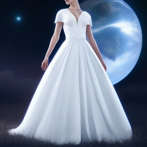 model shoot style, digital art zoomed out portrait of (Princess Leia) ((dressed in white and off white gown)), surrounded by 100 planets, ultra-detailed, ultra quality, illustration, eerie atmosphere, 8k, cinematic lighting