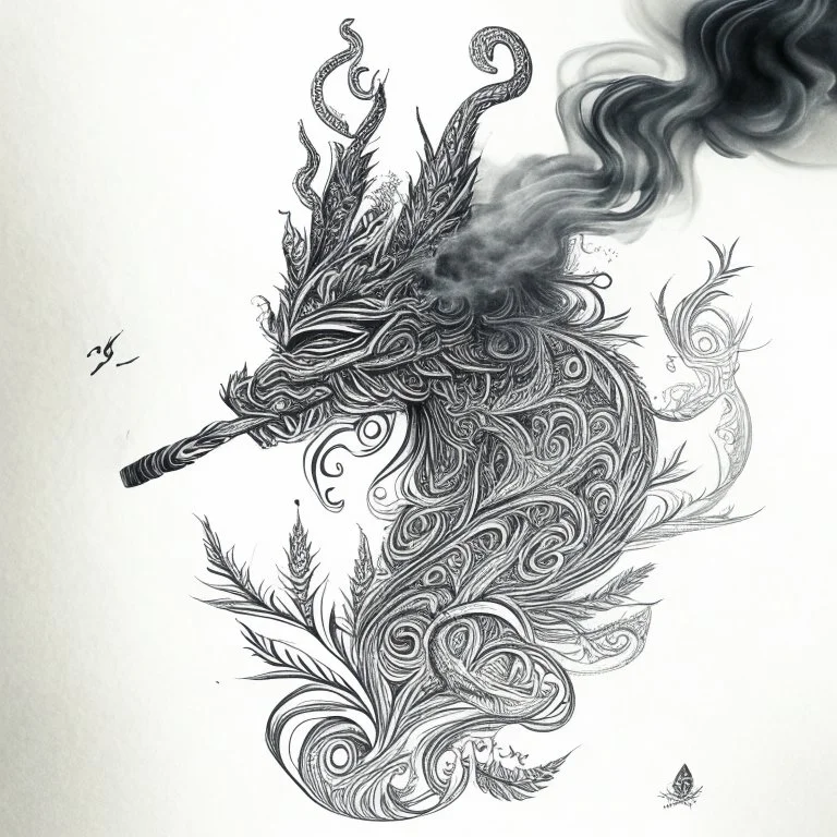 Pencil Sketch a composition where smoke transforms into a mythical creature, intertwining with intricate patterns formed by crushed weed leaves, creating a visually captivating and balanced artwork.