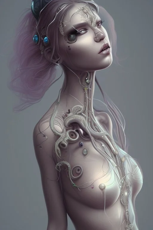 gorgeous female humanoid alien full body model, tentacles, orichalcum jewelry and piercings, beautiful face, shining eyes, flawless skin, transparent dress