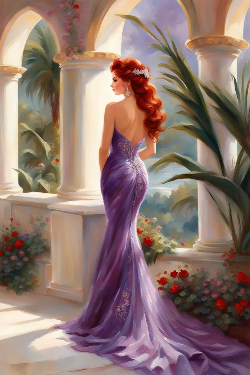 elegance, beautiful woman, 18 years old,,with a side view, tiny, luxuriant, center, single luxuriant purple dress, red hair, render indoor palm, white background,32k, ultra high definition,oil painting, white background, clipart, thomas kinkade, blushing, masterpiece, unique, breathtaking, Best Artist, Cinematography, Soft Lighting, Cute and well loved, Creative, Ultra detailed