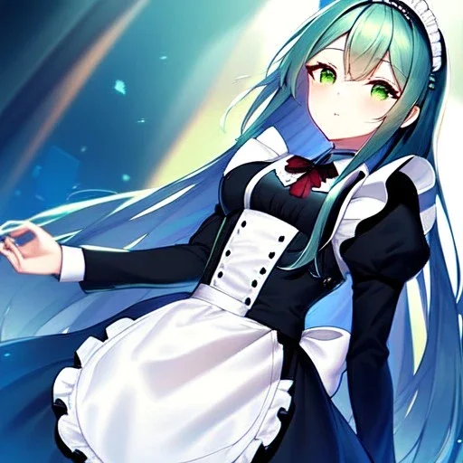 girl, masterpiece, best quality, volumetric lighting, detailed outfit, perfect eyes, cyan hair, green eyes, long hair, maid,