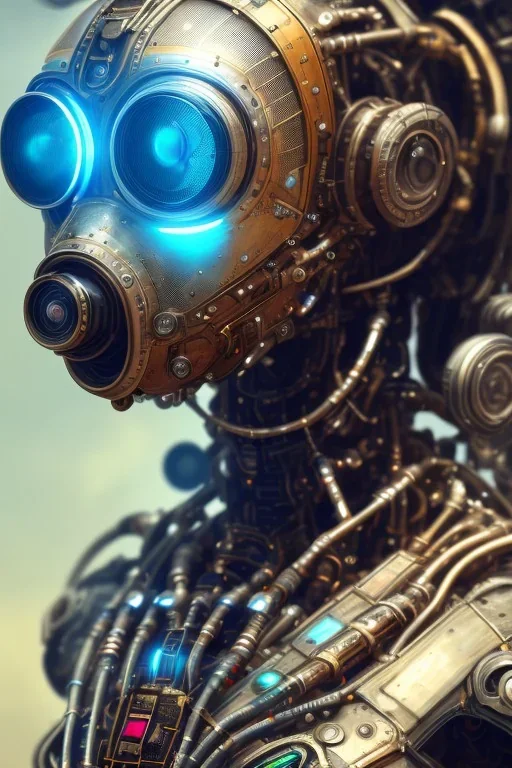 a beautiful full frame portrait digital painting of futuristic gaspunk robot, wide angle view, close-up, macro lens, centered camera, titanium accents, intricate details, small minutiae, tiny features, particulars, colorful, 8k, least ambient occlusion, volumetric lighting, volumetric clouds