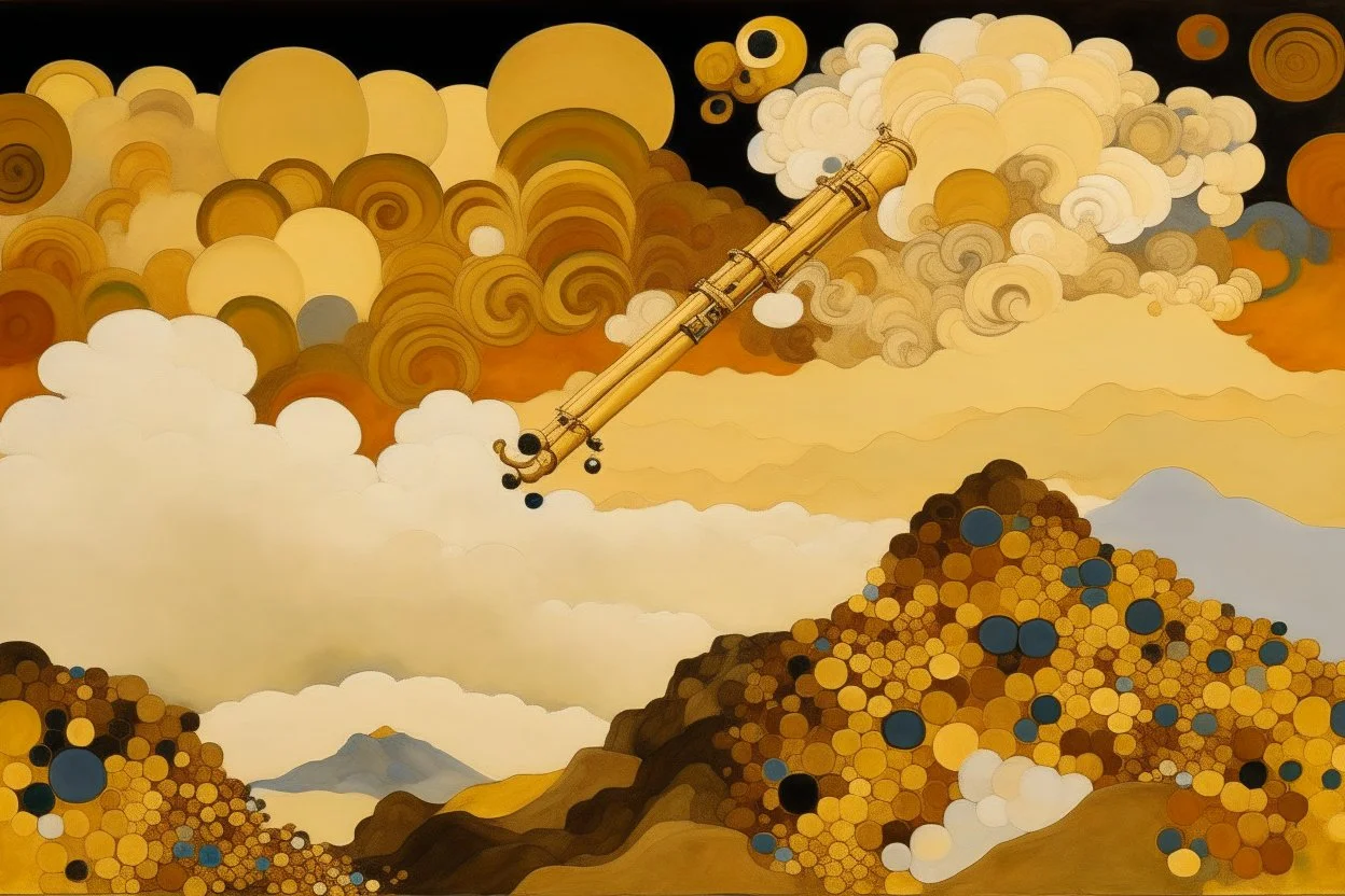 A beige mountain in the clouds with African pan flutes painted by Gustav Klimt