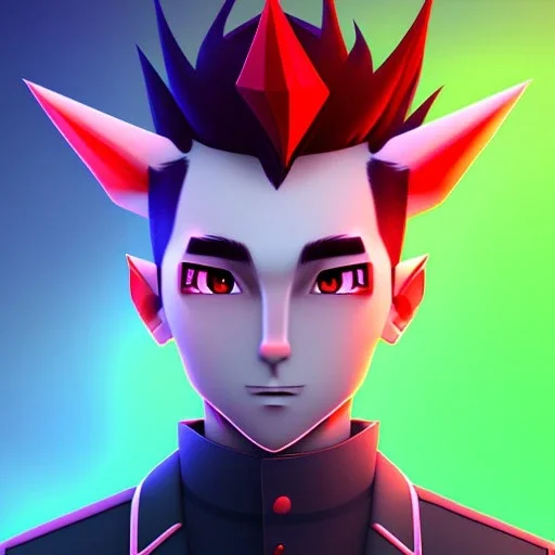 anime discord profile picture of man with short black hair with red streaks, with purple dragon horns on top of his head, looking mischievous