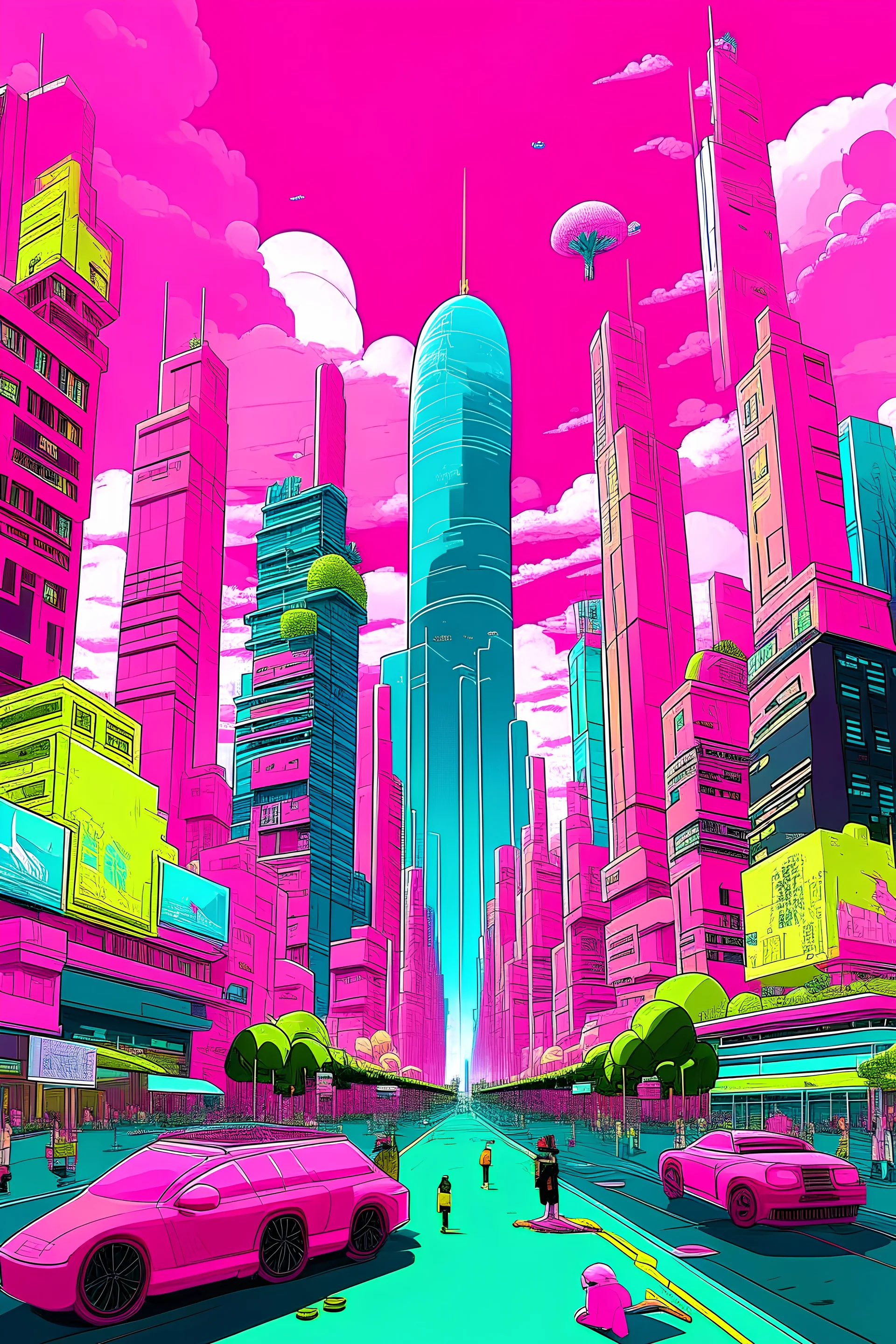 Compose an AI art prompt that captures the spectacular arrival of JiaFei and the Floptropican delegation in the heart of Nicki Minaj's Gag City. Illustrate the vibrant scene with the city's massive pink skyscrapers towering over, their surfaces adorned with high-tech displays, creating a futuristic ambiance inspired by the dazzling allure of New York. Showcase the delegation stepping onto the bustling streets, infusing the city with their unique flair against the backdrop of this dynamic, tech-i