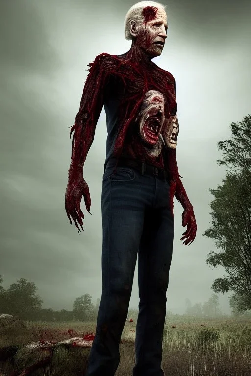 realistic image, joe biden zombie, zombie posing, arm cut and bleeding, amputated leg, night, walking with a limp, waist up view, dark ambient, highly detailed, sky background, concept art, unreal engine 5, god rays, ray tracing, RTX, lumen lighting, ultra detail, volumetric lighting, 3d, finely drawn, high definition, high resolution.