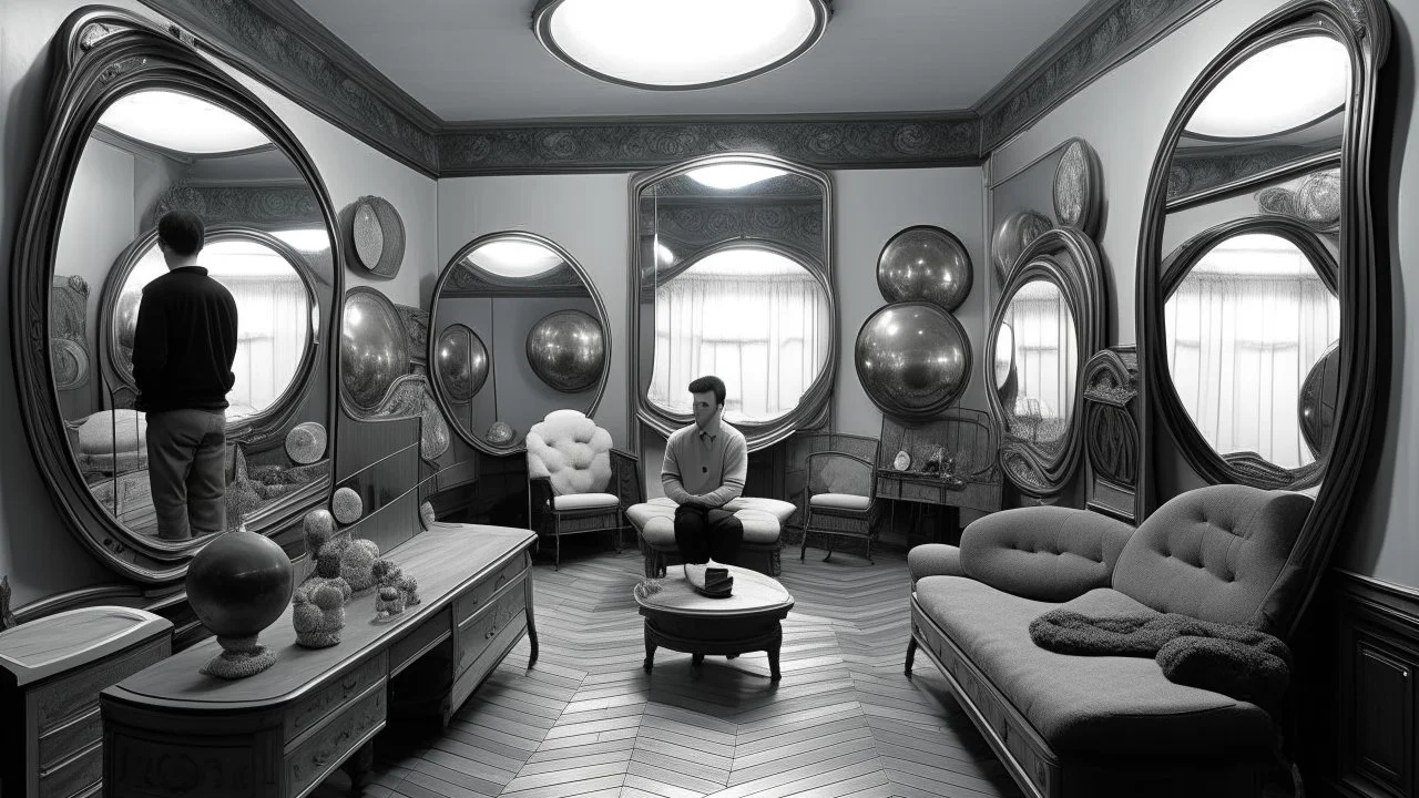 A living room with multiple mirrors on the walls, but each mirror reflects a different and distorted version of the room: one with the ceiling below, another with gigantic furniture, and another entirely monochromatic. A solitary figure sits in the center, oblivious to the distortions.