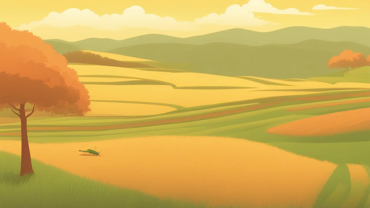 Rice field，Trees，Warm color palette，Animation，A lovely grasshopper，Top of the hill