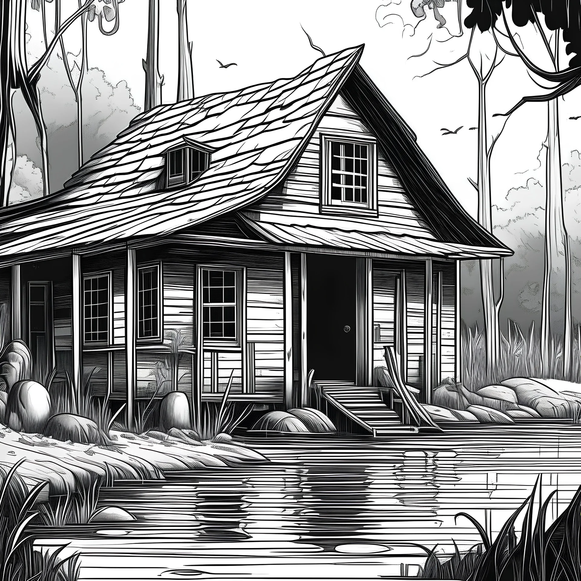 swamp shack, clean line art, line art, Black and white, coloring page, realistic, unique, unique style, masterpiece, variation, clean coloring page, illustration,