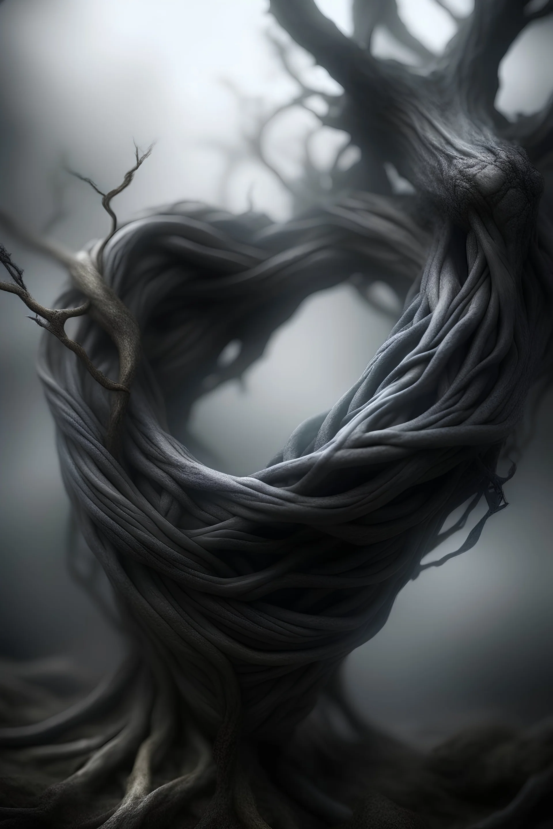 <#1031164080234450964> Multiple entanglements between a twisted thin piece of cloth as part of many twisted and spiraling branches disappearing into the distant mist, epic photo, sharp on highly detailed skin with wrinkles and high contrast, photorealistic, 4K, 3D, realism, hyperrealism, detail, good lighting, detailed texture, modern photography style, 3D, 4D, 4K --2:3