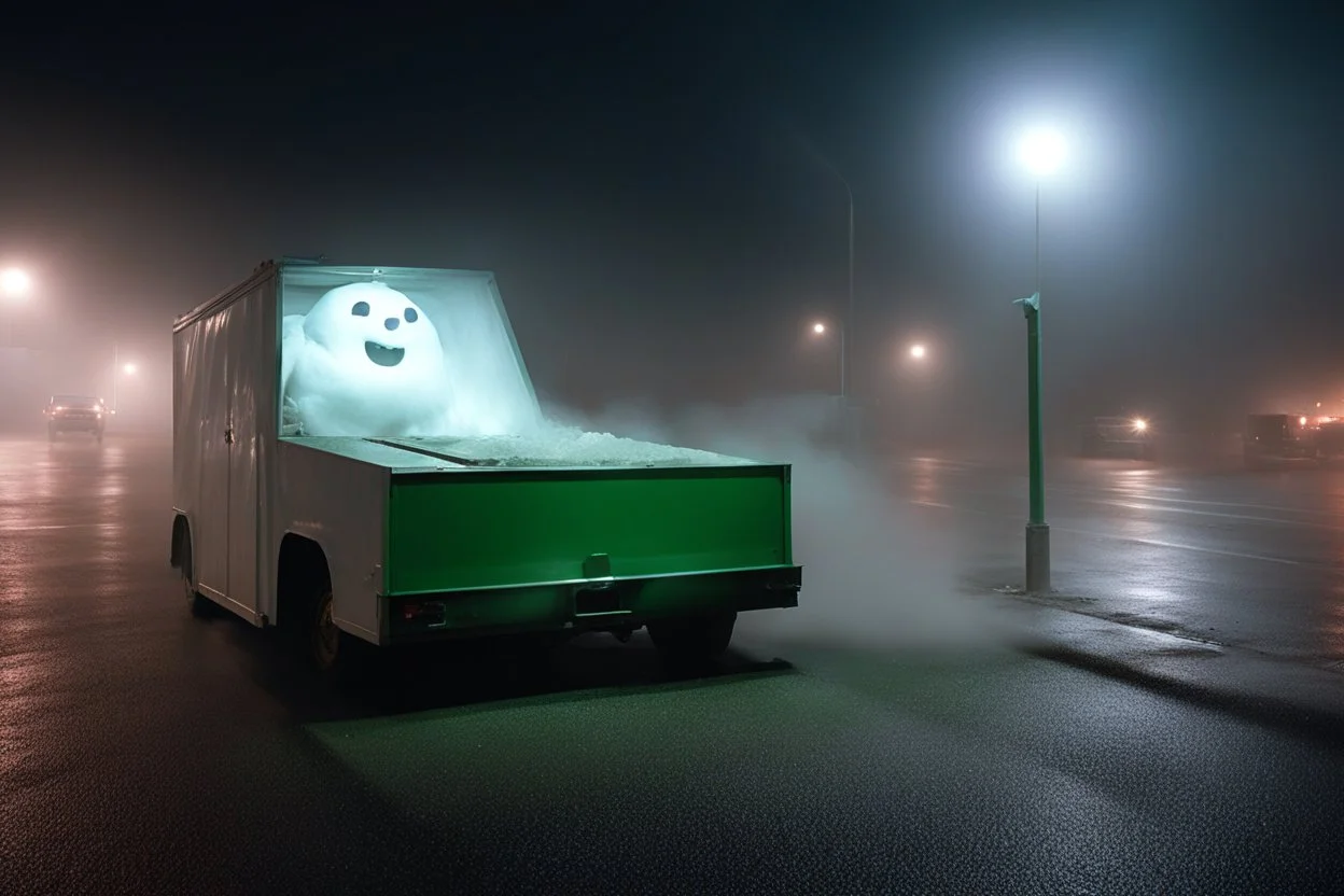 low res, low quality dashboard cam, high film grain, anthropomorphic evil angry frowning fanged marshmallow man hiding behind a dumpster caught in headlights in a Wal-Mart parking lot on a foggy night, found footage horror, low contrast, night vision, static haze