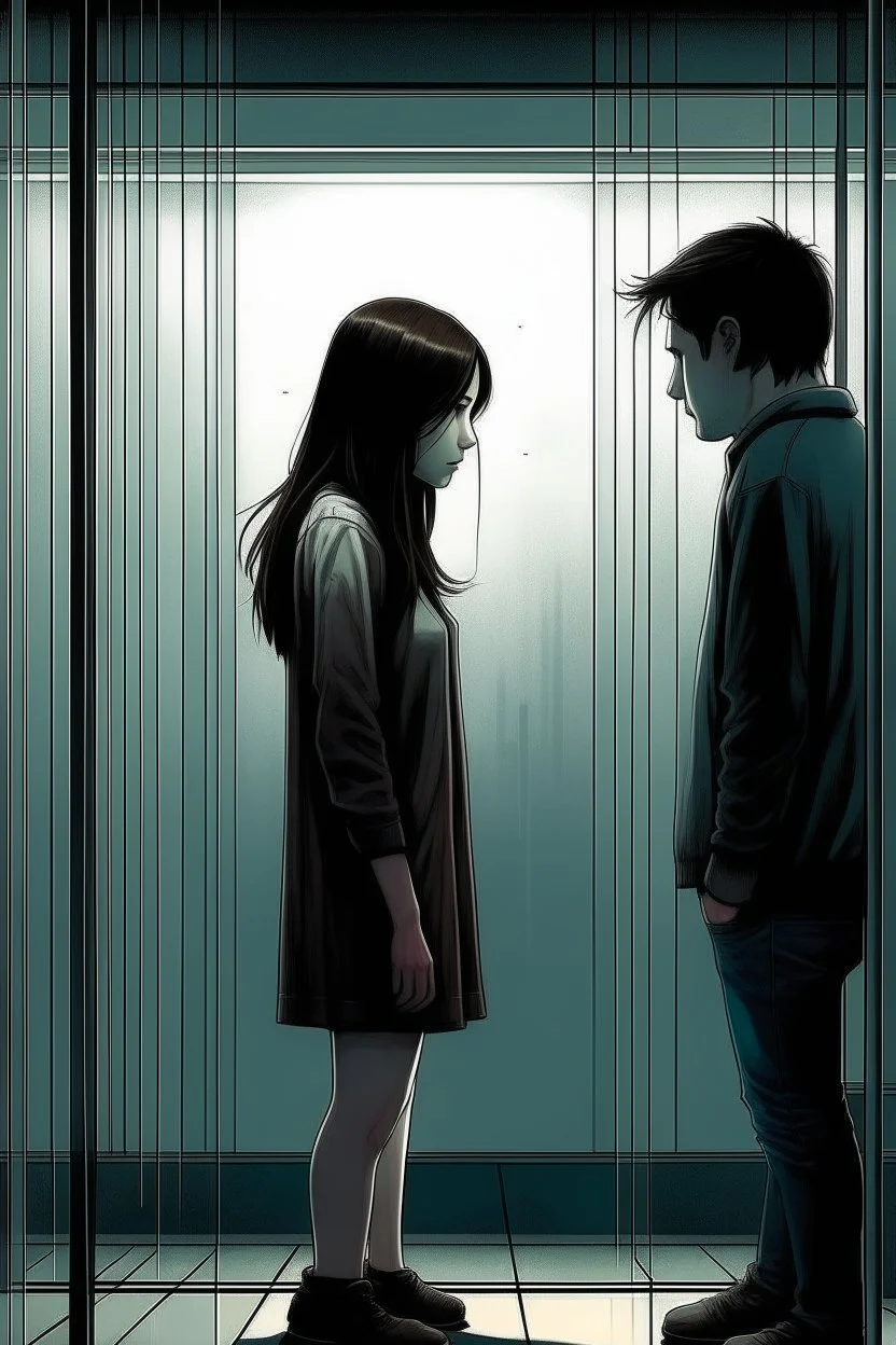 The cover of a song expresses a girl standing on a dark side and looking at a man on the other side, a bright side, but he does not see her, and they are separated by a glass wall that prevents her from crossing into it Photorealistic