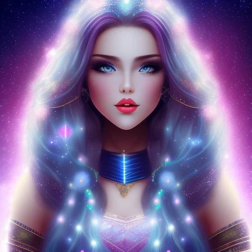 beautiful woman with long hair and smile look the stars and northern aurora blue turquoise lights, blue, pink,